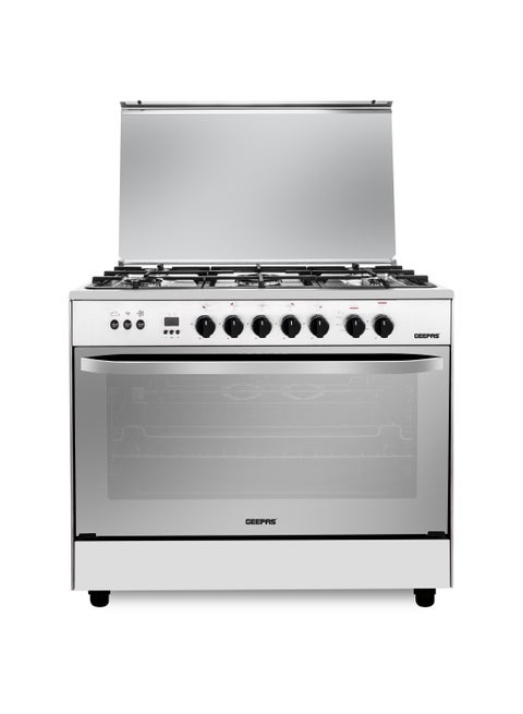 90x60 Free Standing Cooking Range| 5 Gas Burners with Auto Ignition, Grilling Function, Digital Timer, Thermostat | Equipped with Multiple Power Levels, Oven Lamp, Mirror Top Glass| Cook Dishes, Bake, Roast, Grill GCR9060FSTE Silver/Grey