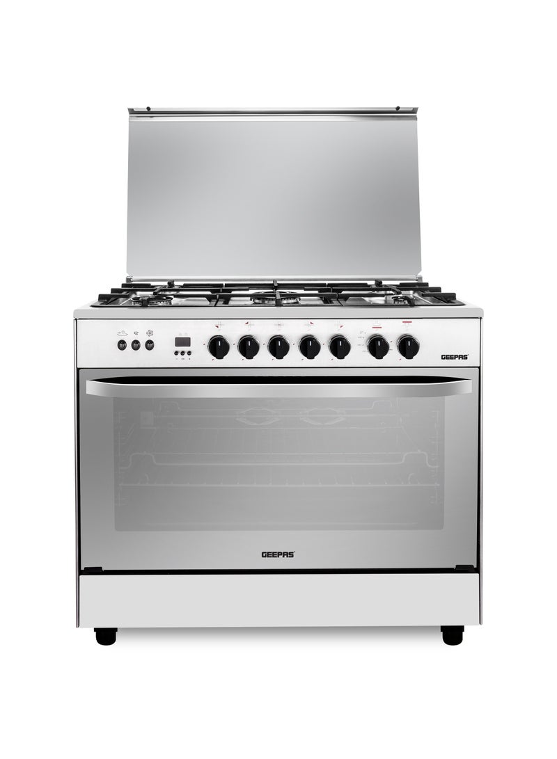 90x60 Free Standing Cooking Range| 5 Gas Burners with Auto Ignition, Grilling Function, Digital Timer, Thermostat | Equipped with Multiple Power Levels, Oven Lamp, Mirror Top Glass| Cook Dishes, Bake, Roast, Grill GCR9060FSTE Silver/Grey