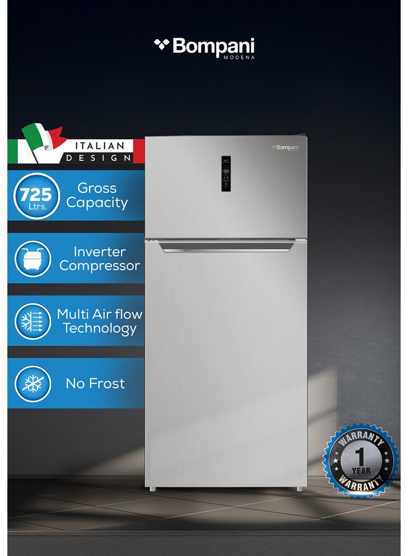 بومباني Bompani Double Door No Frost Refrigerator 725L Gross Capacity, Smart Inverter, LED Lighting, R600a Refrigerant, 3 Glass Shelves, Vegetable Crisper, Energy Efficient - BR725SS Silver 576.7 kW BR725SS SILVER - Image 1