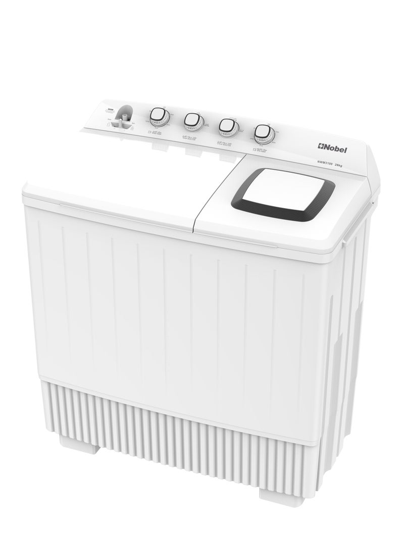 Nobel - NOBEL Heavy-Duty Twin Tub Washing Machine with 28kg Wash Capacity, 14kg Spin Dry, IPX4 Rating, and 4 Control Knobs – Efficient 600W Wash and 860W Spin Power Input for Faster Laundry Cycles – Durable Build with Water Inlet and Timed Cycles for Convenient Home and Commercial Use on 220-240V~, 50Hz - NWM3100 28 L 860 W NWM3100 WHITE - Image 1