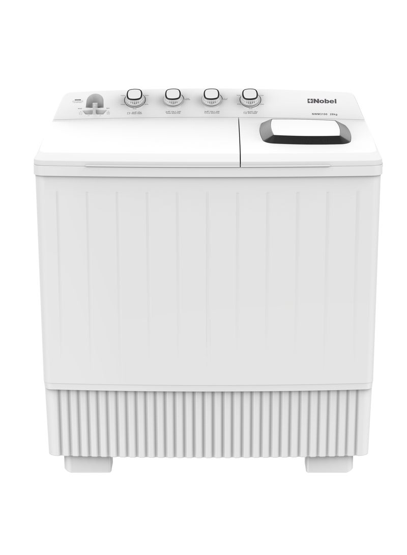 Nobel - NOBEL Heavy-Duty Twin Tub Washing Machine with 28kg Wash Capacity, 14kg Spin Dry, IPX4 Rating, and 4 Control Knobs – Efficient 600W Wash and 860W Spin Power Input for Faster Laundry Cycles – Durable Build with Water Inlet and Timed Cycles for Convenient Home and Commercial Use on 220-240V~, 50Hz - NWM3100 28 L 860 W NWM3100 WHITE - Image 1