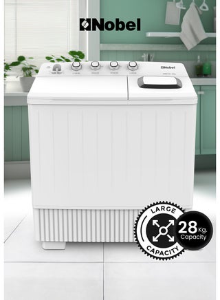 NOBEL Heavy-Duty Twin Tub Washing Machine with 28kg Wash Capacity, 14kg Spin Dry, IPX4 Rating, and 4 Control Knobs – Efficient 600W Wash and 860W Spin Power Input for Faster Laundry Cycles – Durable Build with Water Inlet and Timed Cycles for Convenient Home and Commercial Use on 220-240V~, 50Hz - NWM3100 28 L 860 W NWM3100 WHITE - pnsku/N70170891V/45/_/1750230446/b28eb78b-0d69-4784-80d5-7e3c2d7012cd