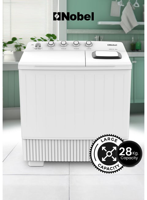 NOBEL Heavy-Duty Twin Tub Washing Machine with 28kg Wash Capacity, 14kg Spin Dry, IPX4 Rating, and 4 Control Knobs – Efficient 600W Wash and 860W Spin Power Input for Faster Laundry Cycles – Durable Build with Water Inlet and Timed Cycles for Convenient Home and Commercial Use on 220-240V~, 50Hz - NWM3100 28 L 860 W NWM3100 WHITE