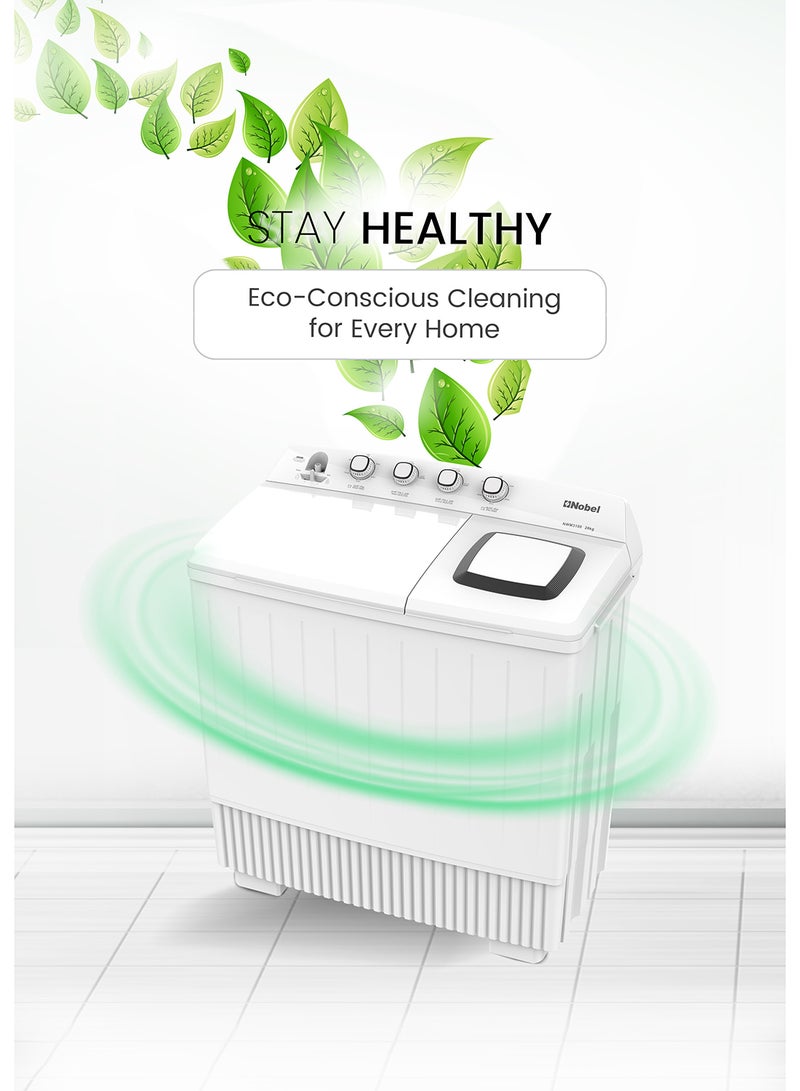 NOBEL Heavy-Duty Twin Tub Washing Machine with 28kg Wash Capacity, 14kg Spin Dry, IPX4 Rating, and 4 Control Knobs – Efficient 600W Wash and 860W Spin Power Input for Faster Laundry Cycles – Durable Build with Water Inlet and Timed Cycles for Convenient Home and Commercial Use on 220-240V~, 50Hz - NWM3100 28 L 860 W NWM3100 WHITE