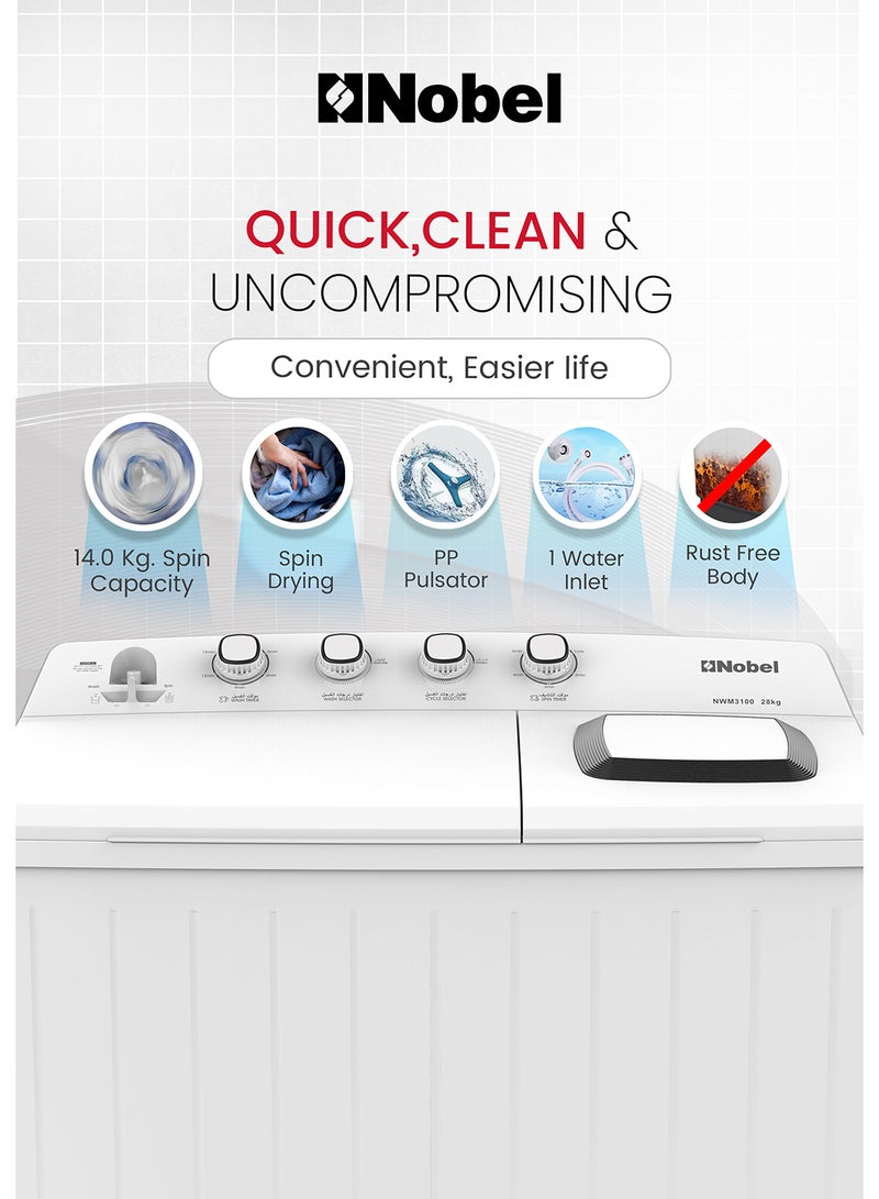 NOBEL Heavy-Duty Twin Tub Washing Machine with 28kg Wash Capacity, 14kg Spin Dry, IPX4 Rating, and 4 Control Knobs – Efficient 600W Wash and 860W Spin Power Input for Faster Laundry Cycles – Durable Build with Water Inlet and Timed Cycles for Convenient Home and Commercial Use on 220-240V~, 50Hz - NWM3100 28 L 860 W NWM3100 WHITE