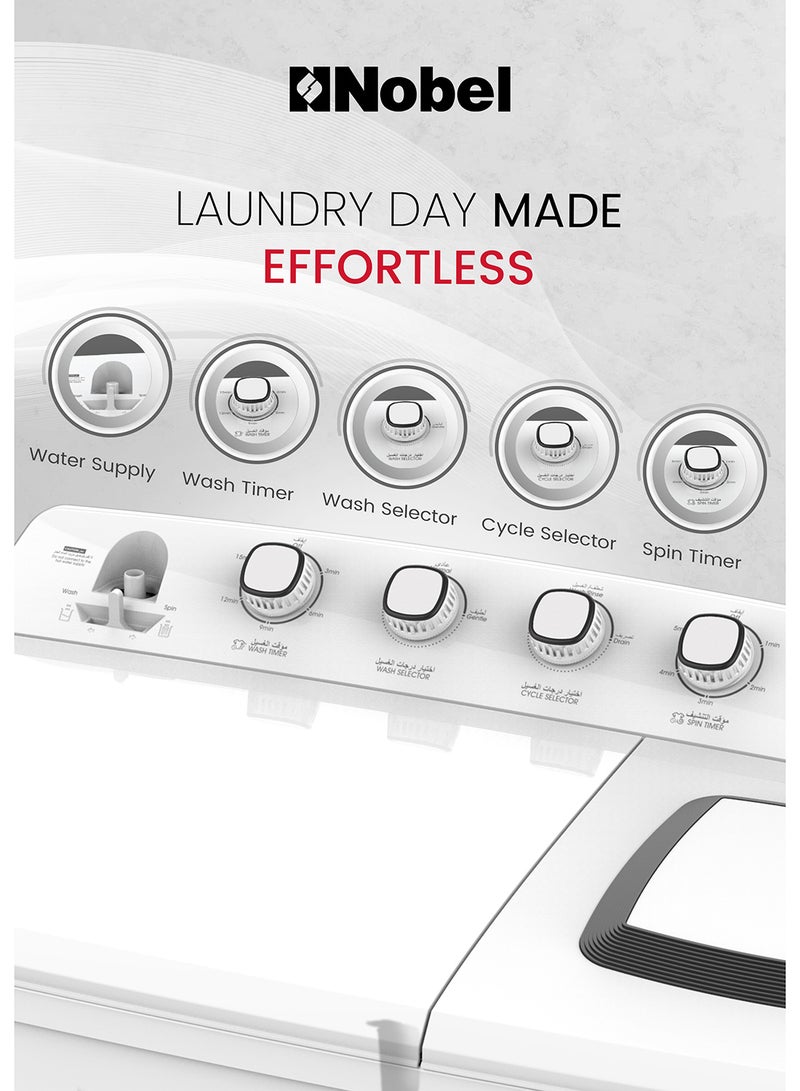NOBEL Heavy-Duty Twin Tub Washing Machine with 28kg Wash Capacity, 14kg Spin Dry, IPX4 Rating, and 4 Control Knobs – Efficient 600W Wash and 860W Spin Power Input for Faster Laundry Cycles – Durable Build with Water Inlet and Timed Cycles for Convenient Home and Commercial Use on 220-240V~, 50Hz - NWM3100 28 L 860 W NWM3100 WHITE