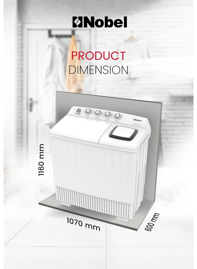 NOBEL Heavy-Duty Twin Tub Washing Machine with 28kg Wash Capacity, 14kg Spin Dry, IPX4 Rating, and 4 Control Knobs – Efficient 600W Wash and 860W Spin Power Input for Faster Laundry Cycles – Durable Build with Water Inlet and Timed Cycles for Convenient Home and Commercial Use on 220-240V~, 50Hz - NWM3100 28 L 860 W NWM3100 WHITE
