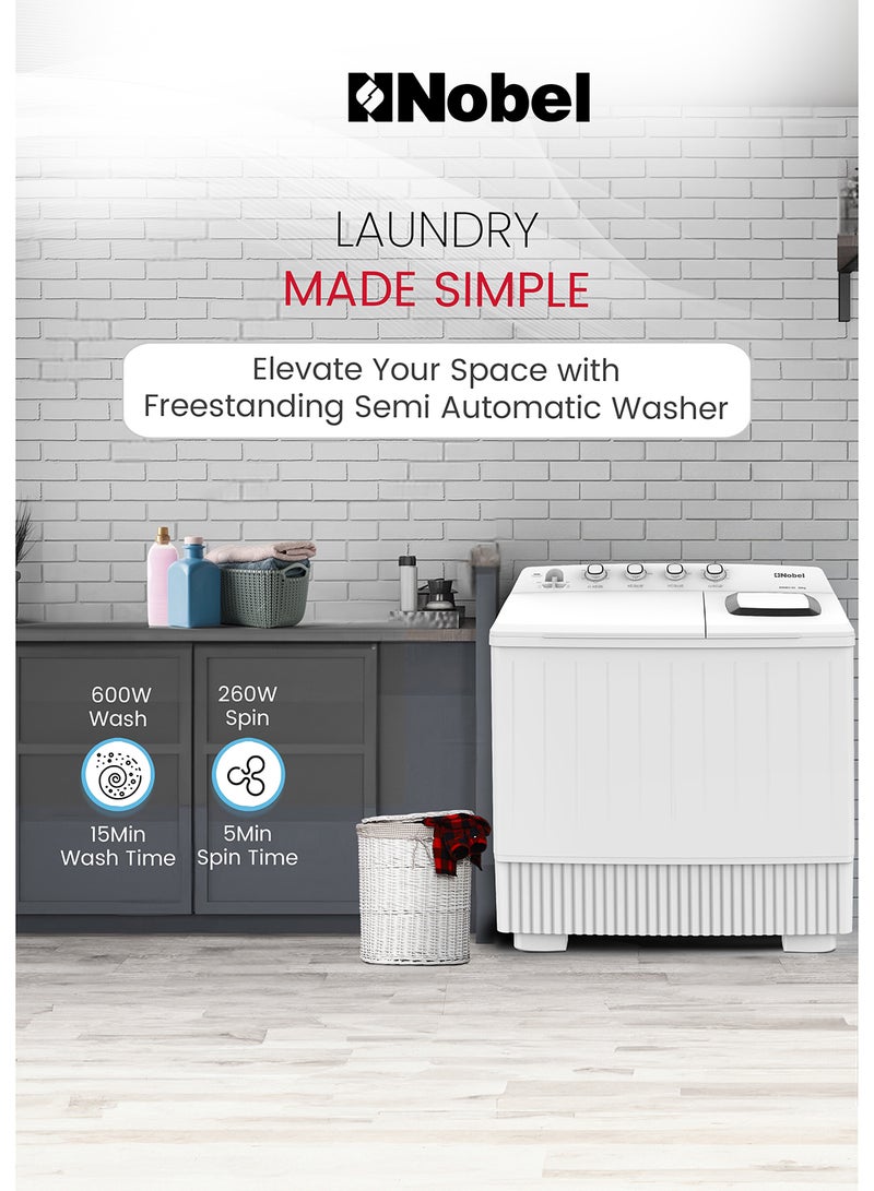 NOBEL Heavy-Duty Twin Tub Washing Machine with 28kg Wash Capacity, 14kg Spin Dry, IPX4 Rating, and 4 Control Knobs – Efficient 600W Wash and 860W Spin Power Input for Faster Laundry Cycles – Durable Build with Water Inlet and Timed Cycles for Convenient Home and Commercial Use on 220-240V~, 50Hz - NWM3100 28 L 860 W NWM3100 WHITE