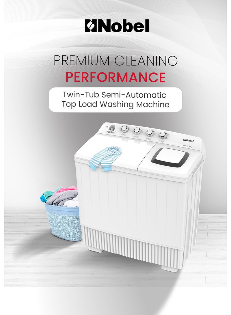 NOBEL Heavy-Duty Twin Tub Washing Machine with 28kg Wash Capacity, 14kg Spin Dry, IPX4 Rating, and 4 Control Knobs – Efficient 600W Wash and 860W Spin Power Input for Faster Laundry Cycles – Durable Build with Water Inlet and Timed Cycles for Convenient Home and Commercial Use on 220-240V~, 50Hz - NWM3100 28 L 860 W NWM3100 WHITE
