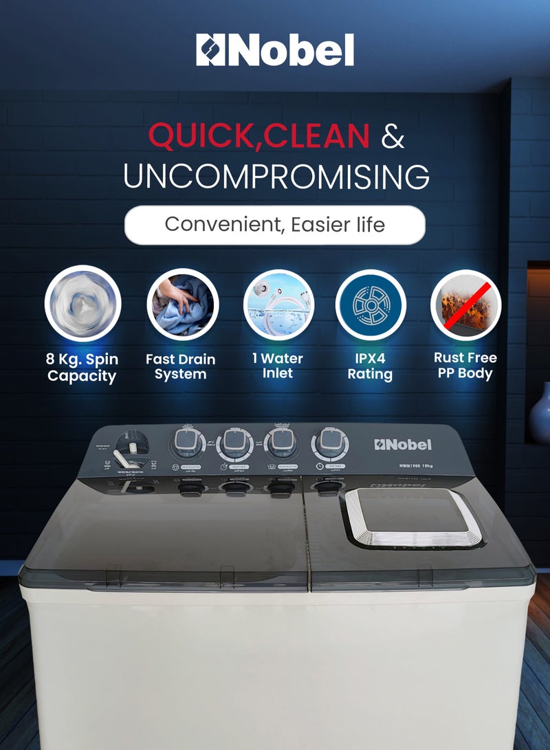 Nobel NOBEL High-Capacity Twin Tub Washing Machine with 18kg Wash Load, 8kg Spin, IPX4 Rating, and Energy-Efficient Operation - NWM1900 18 L 830 W NWM1900 White  - Image 4