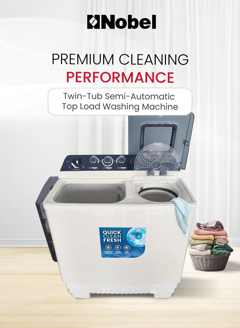 نوبل NOBEL Heavy-Duty 22kg Twin Tub Washing Machine with 10kg Spin Capacity, 1200W Power, IPX4 Rating, and Rust-Free Body - NWM2450 22 L 800 W NWM2450 White - Image 2