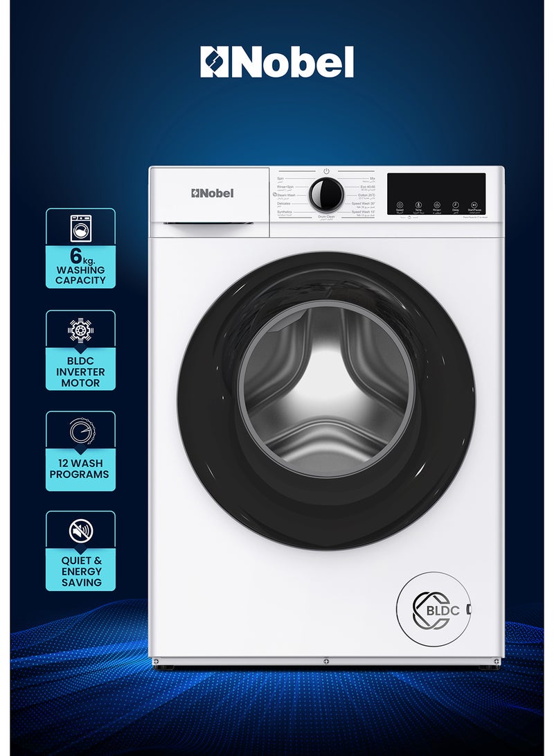 نوبل "NOBEL 6.0Kg Inverter Washing Machine – BLDC Motor, 1200 RPM, 12 Programs, Intelligent Washing, Low Noise, Electronic Touch Control - NWM770 " 6 L NWM770 SILVER  - Image 1