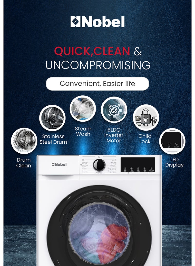 نوبل "NOBEL 6.0Kg Inverter Washing Machine – BLDC Motor, 1200 RPM, 12 Programs, Intelligent Washing, Low Noise, Electronic Touch Control - NWM770 " 6 L NWM770 SILVER  - Image 4
