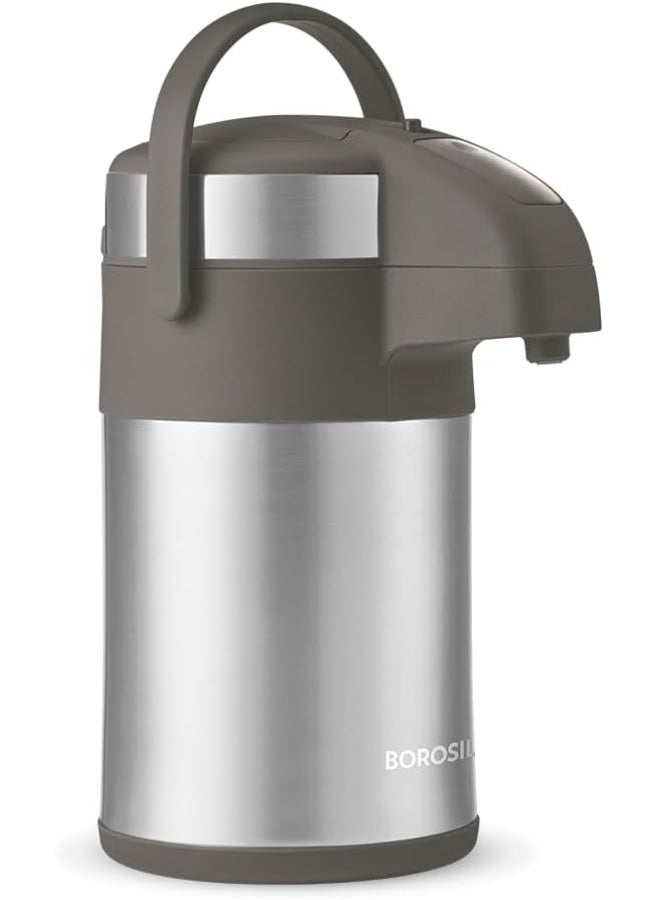 بوروسيل Borosil Airpot Flask With Pump |Vacuum Insulated Double Wall Stainless Steel Tea Pot | Coffee Pot | Thermos | Flask | Carafe 3 Liter Silver 3000 مليلترLiters  - Image 1