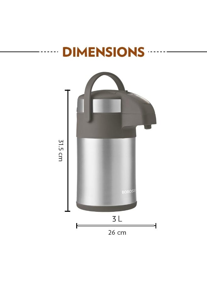 بوروسيل Borosil Airpot Flask With Pump |Vacuum Insulated Double Wall Stainless Steel Tea Pot | Coffee Pot | Thermos | Flask | Carafe 3 Liter Silver 3000 مليلترLiters  - Image 3