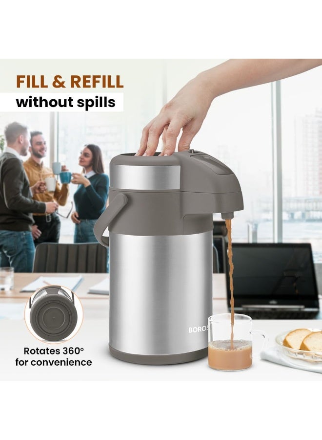 بوروسيل Borosil Airpot Flask With Pump |Vacuum Insulated Double Wall Stainless Steel Tea Pot | Coffee Pot | Thermos | Flask | Carafe 3 Liter Silver 3000 مليلترLiters  - Image 5