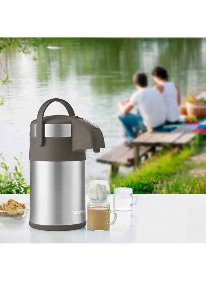 بوروسيل Borosil Airpot Flask With Pump |Vacuum Insulated Double Wall Stainless Steel Tea Pot | Coffee Pot | Thermos | Flask | Carafe 3 Liter Silver 3000 مليلترLiters  - Image 2