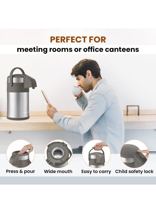 بوروسيل Borosil Airpot Flask With Pump |Vacuum Insulated Double Wall Stainless Steel Tea Pot | Coffee Pot | Thermos | Flask | Carafe 3 Liter Silver 3000 مليلترLiters  - Image 4