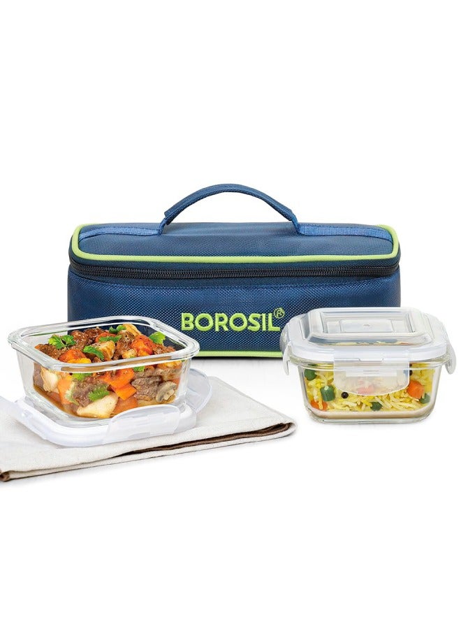 BOROSIL Borosil Klip n Store Lunchbox with Bag Set of 2 320ml Each , Square Borosilicate Glass, Horizontal Microwave Dishwasher Safe, Leakproof Tiffin for Office/School/College Blue, Transparent Clear/Blue 320ml  - Image 1