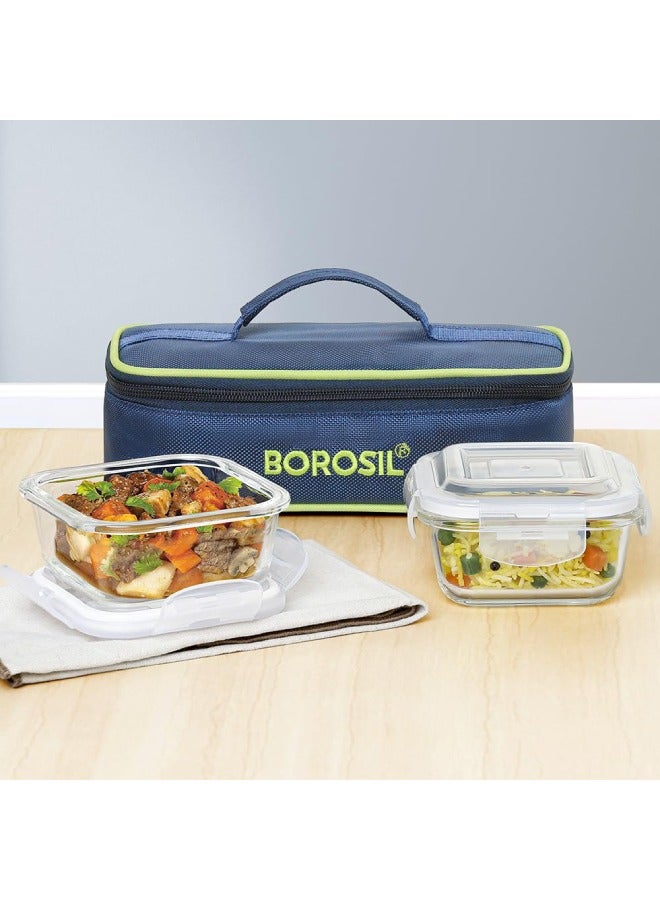 BOROSIL Borosil Klip n Store Lunchbox with Bag Set of 2 320ml Each , Square Borosilicate Glass, Horizontal Microwave Dishwasher Safe, Leakproof Tiffin for Office/School/College Blue, Transparent Clear/Blue 320ml  - Image 5