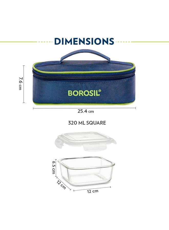 BOROSIL Borosil Klip n Store Lunchbox with Bag Set of 2 320ml Each , Square Borosilicate Glass, Horizontal Microwave Dishwasher Safe, Leakproof Tiffin for Office/School/College Blue, Transparent Clear/Blue 320ml  - Image 2