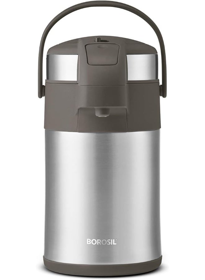 بوروسيل Borosil Airpot Flask With Pump |Vacuum Insulated Double Wall Stainless Steel Tea Pot Coffee Pot Thermos Flask Carafe Silver Silver 4Liters  - Image 1