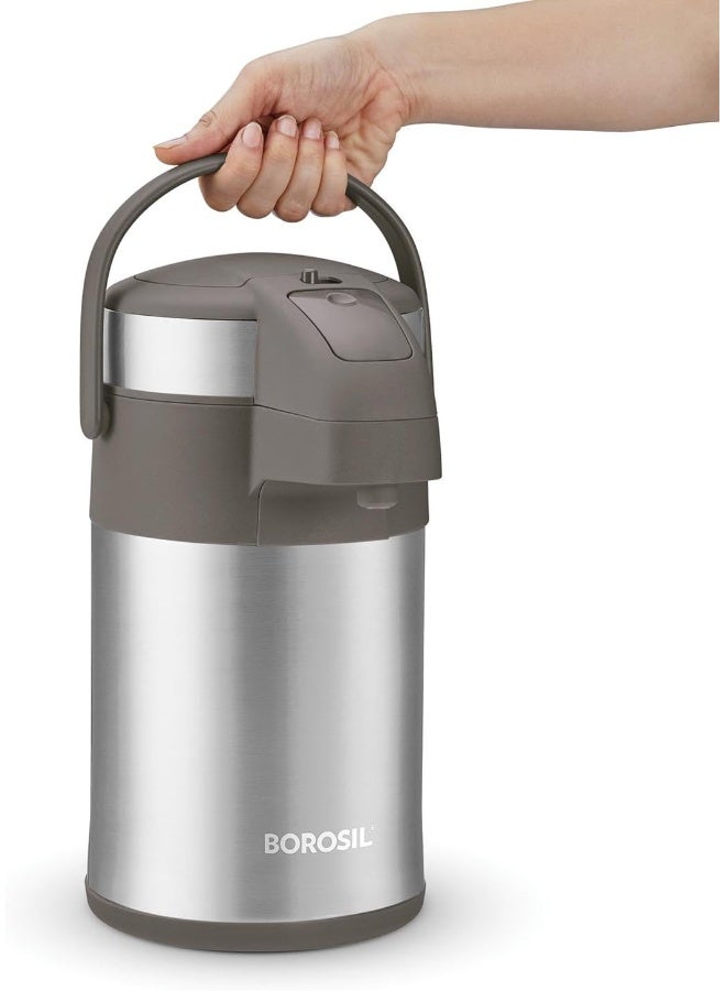 بوروسيل Borosil Airpot Flask With Pump |Vacuum Insulated Double Wall Stainless Steel Tea Pot Coffee Pot Thermos Flask Carafe Silver Silver 4Liters  - Image 2