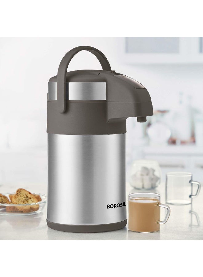بوروسيل Borosil Airpot Flask With Pump |Vacuum Insulated Double Wall Stainless Steel Tea Pot Coffee Pot Thermos Flask Carafe Silver Silver 4Liters  - Image 3