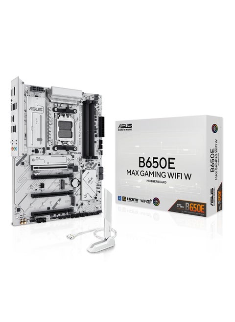 B650E MAX GAMING WIFI W ATX Motherboard, AMD AM5 Socket for Ryzen 9000/8000/7000, DDR5 up to 256GB 8000+MT/s, PCIe 5.0 x16 & M.2, 3x M.2, 4x SATA, Wi-Fi 6E, Bluetooth 5.3, 2.5Gb Ethernet, HDMI 2.1, DisplayPort 1.4, USB-C, RGB, BIOS FlashBack, Aura Sync | 90MB1M00-M0EAY0