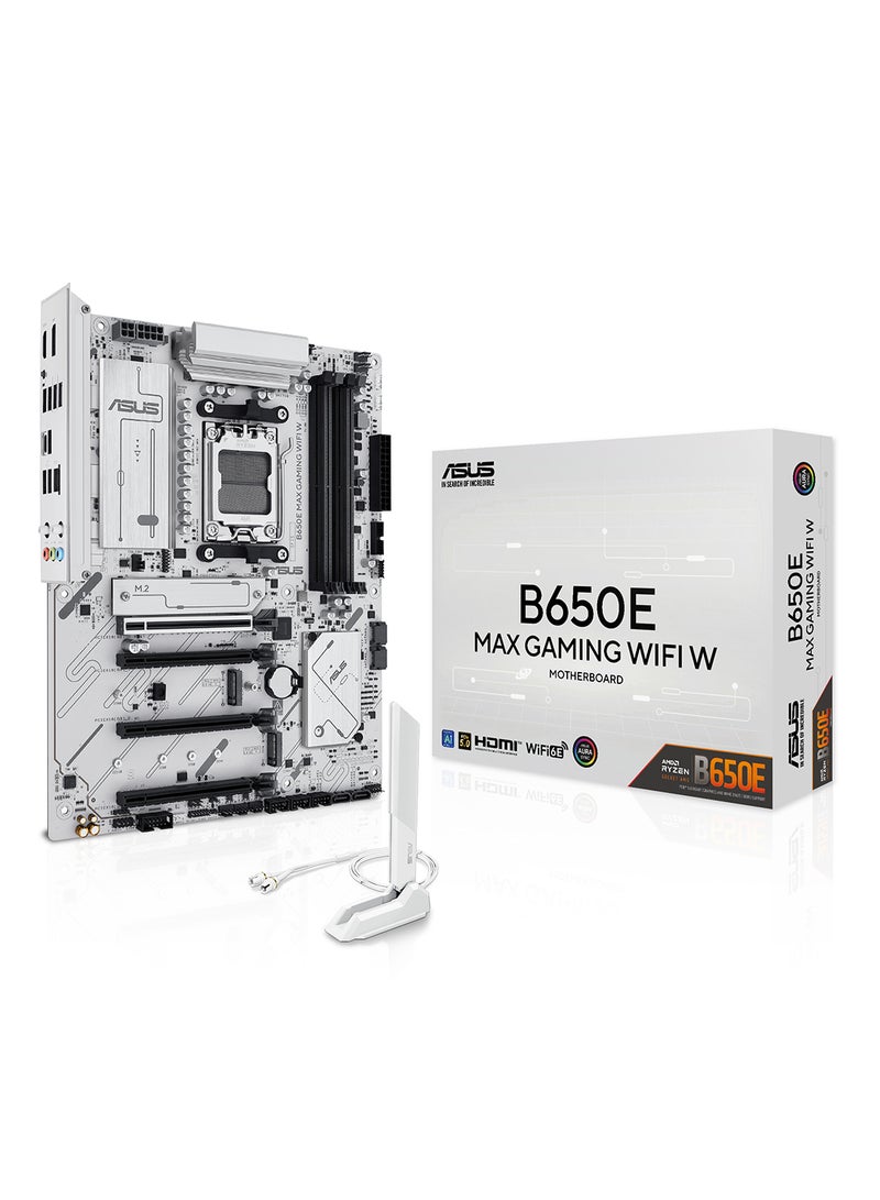 ASUS - B650E MAX GAMING WIFI W ATX Motherboard, AMD AM5 Socket for Ryzen 9000/8000/7000, DDR5 up to 256GB 8000+MT/s, PCIe 5.0 x16 & M.2, 3x M.2, 4x SATA, Wi-Fi 6E, Bluetooth 5.3, 2.5Gb Ethernet, HDMI 2.1, DisplayPort 1.4, USB-C, RGB, BIOS FlashBack, Aura Sync | 90MB1M00-M0EAY0 - Image 1