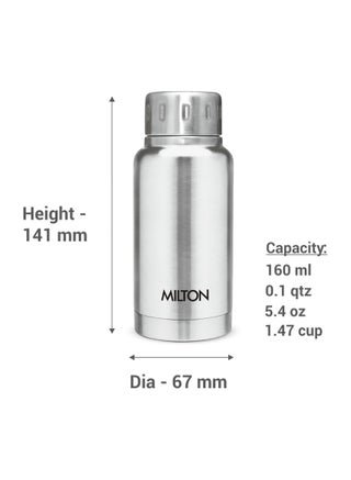 Milton 160ml Stainless Steel Water Bottle – Small Vacuum Insulated Flask Keeps Drinks Hot or Cold for 24 Hours, Leakproof Metal Flask for Travel, Office, Gym & School – Elfin Silver 160ml - view 2