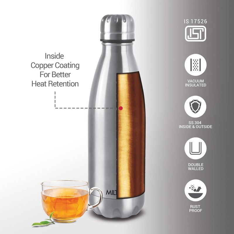 Milton MILTON 500ml Vacuum Insulated Water Bottle, 18/8 Stainless Steel, Keeps Drinks Hot and Cold for 24 Hours, Double-Walled Thermos Flask with Inner Copper Coating for Sports, Gym, Duo Dlx - Silver Silver 500ml  - Image 3