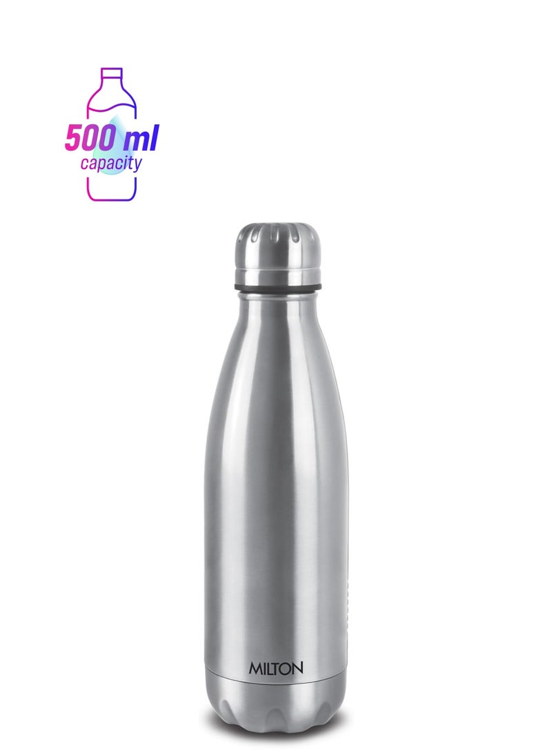 ميلتون زجاجة ماء معزولة بالفراغ سعة 500 مل من ميلتون، ستانلس ستيل 18/8، تحافظ على المشروبات ساخنة وباردة لمدة 24 ساعة، زجاجة ترمس مزدوجة الجدران مع طلاء نحاسي داخلي للرياضة، صالة الألعاب الرياضية، ديو دلكس - فضي - Image 1