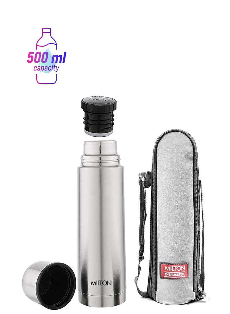ميلتون قارورة ميلتون 500 مل من الفولاذ المقاوم للصدأ مع غلاف، تحافظ على المشروبات ساخنة وباردة لمدة 24 ساعة، فولاذ مقاوم للصدأ 18/8، زجاجة ماء معزولة مزدوجة الجدران بتقنية الفراغ مع طلاء نحاسي داخلي - غطاء عادي - فضي - Image 1