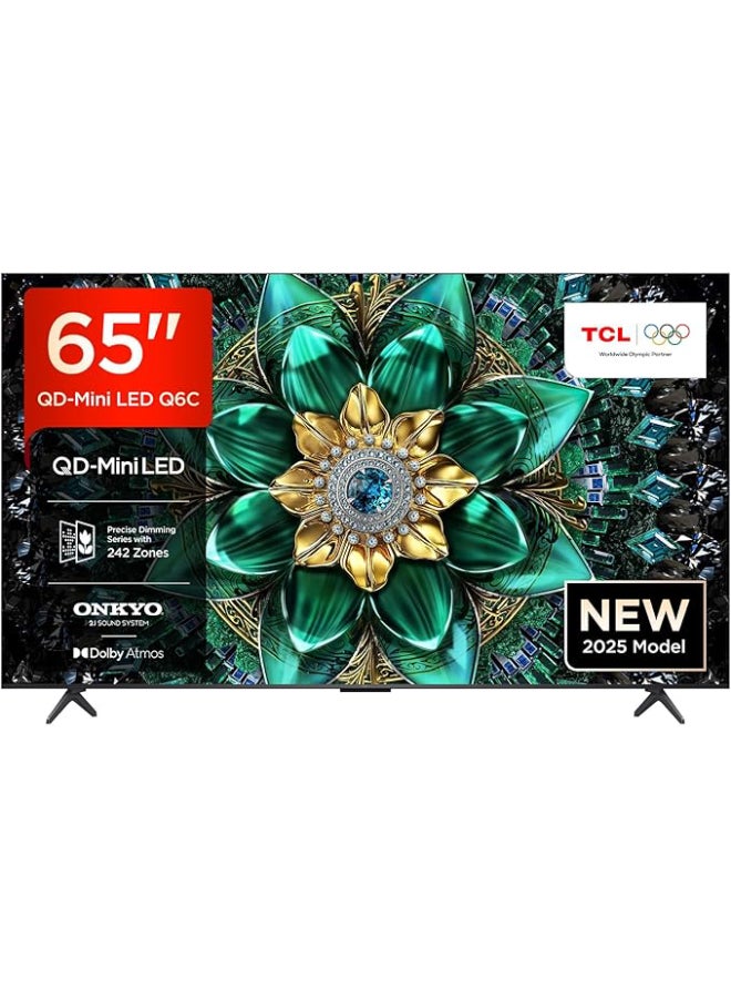 تي سي إل تلفزيون TCL 65Q6C الذكي، 65 بوصة، 4K QD-Mini LED، شاشة كريستالية ملونة، HDR 10+، ألعاب Google TV، معدل تحديث أصلي 144 هرتز، نظام ONKYO 2.1 Hi-Fi، Dolby Atmos، وضع الذكاء الاصطناعي، Game Master (موديل 2025) 65Q6C - Image 1