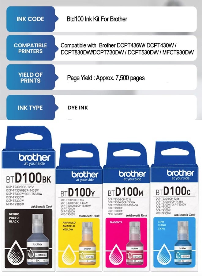 brother Genuine BTD100 Full set Ultra High Yield Black, 7,500 Page Yield,Color each Cyan ,Yellow,Magenta, 5,000 Page Yield for Ink Tank Printers Black,Cyan,Yellow,Magenta  - Image 2