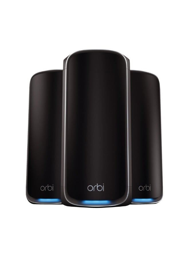 نت جير RBE973SB أوربي 970 سلسلة واي فاي 7 مدمج رباعي النطاق 3-pack | جهاز توجيه + 2 موسع ساتلي، سرعة تصل إلى 27Gbps، يغطي حتى 10,000 قدم مربع. 200 جهاز، منفذ إنترنت 10Gbps - إصدار أسود - Image 1