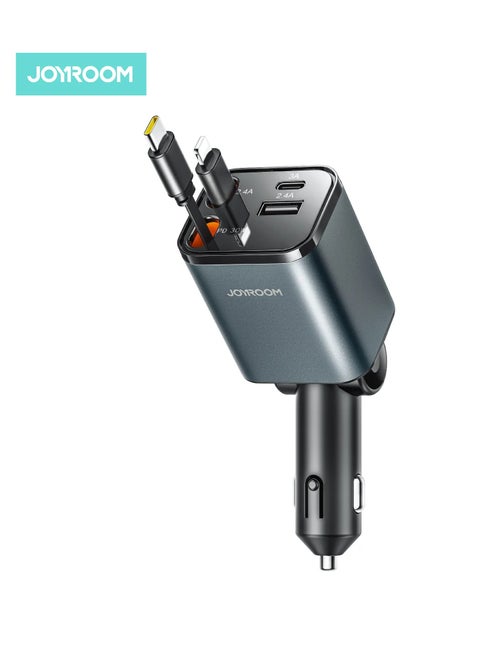 Car Charger 50W Fast Charging 4-in-1 Adapter with Collapsible Lightning & Type C Cables, Dual USB Ports & Voltage Display - Compatible with iPhone, iPad, Galaxy -Powerfull Output Black