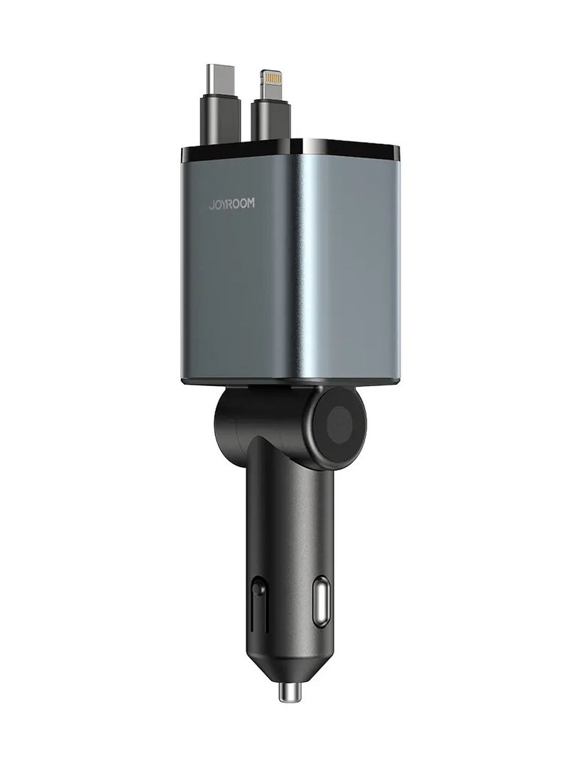 Car Charger 50W Fast Charging 4-in-1 Adapter with Collapsible Lightning & Type C Cables, Dual USB Ports & Voltage Display - Compatible with iPhone, iPad, Galaxy -Powerfull Output Black