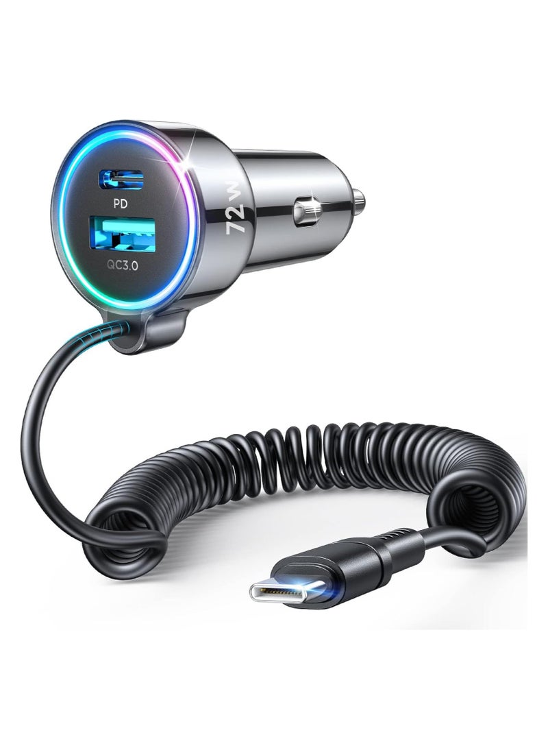 جوي روم شاحن سيارة USB C 72W لشاحن السيارة لجهاز iPhone 16 Pro Max Plus، PD و QC3.0 مع كابل Type C ملفوف بطول 5 أقدام 36W، محول شاحن هاتف سريع للسيارة لجهاز iPhone 15 Pro، Samsung Galaxy S24/S23/S22، Pixel/Moto/LG/Android، iPad - Image 1