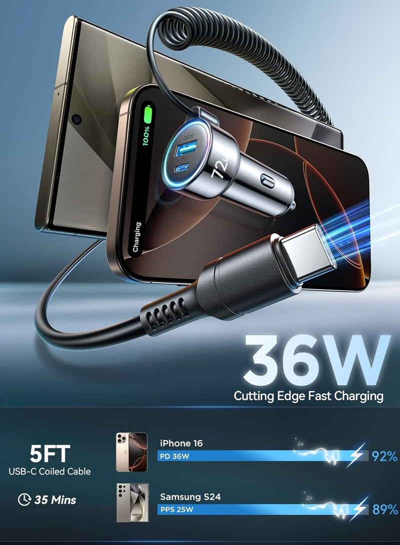 جوي روم شاحن سيارة USB C 72W لشاحن السيارة لجهاز iPhone 16 Pro Max Plus، PD و QC3.0 مع كابل Type C ملفوف بطول 5 أقدام 36W، محول شاحن هاتف سريع للسيارة لجهاز iPhone 15 Pro، Samsung Galaxy S24/S23/S22، Pixel/Moto/LG/Android، iPad - Image 5