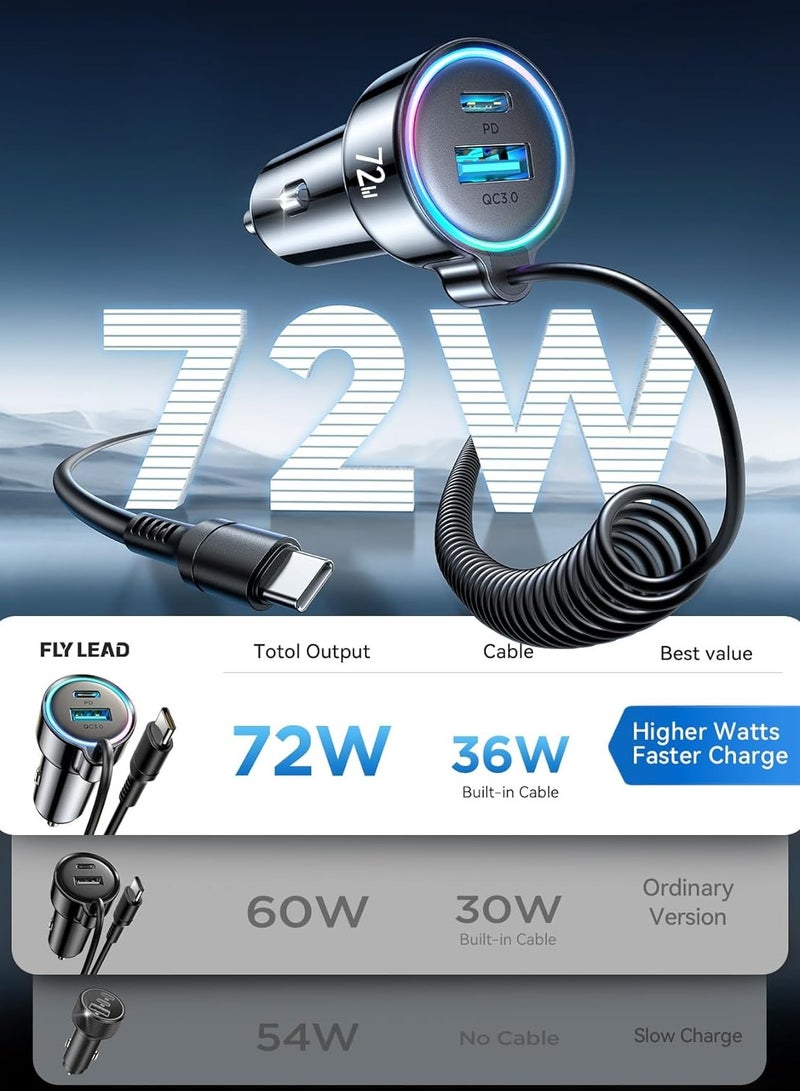جوي روم شاحن سيارة USB C 72W لشاحن السيارة لجهاز iPhone 16 Pro Max Plus، PD و QC3.0 مع كابل Type C ملفوف بطول 5 أقدام 36W، محول شاحن هاتف سريع للسيارة لجهاز iPhone 15 Pro، Samsung Galaxy S24/S23/S22، Pixel/Moto/LG/Android، iPad - Image 2
