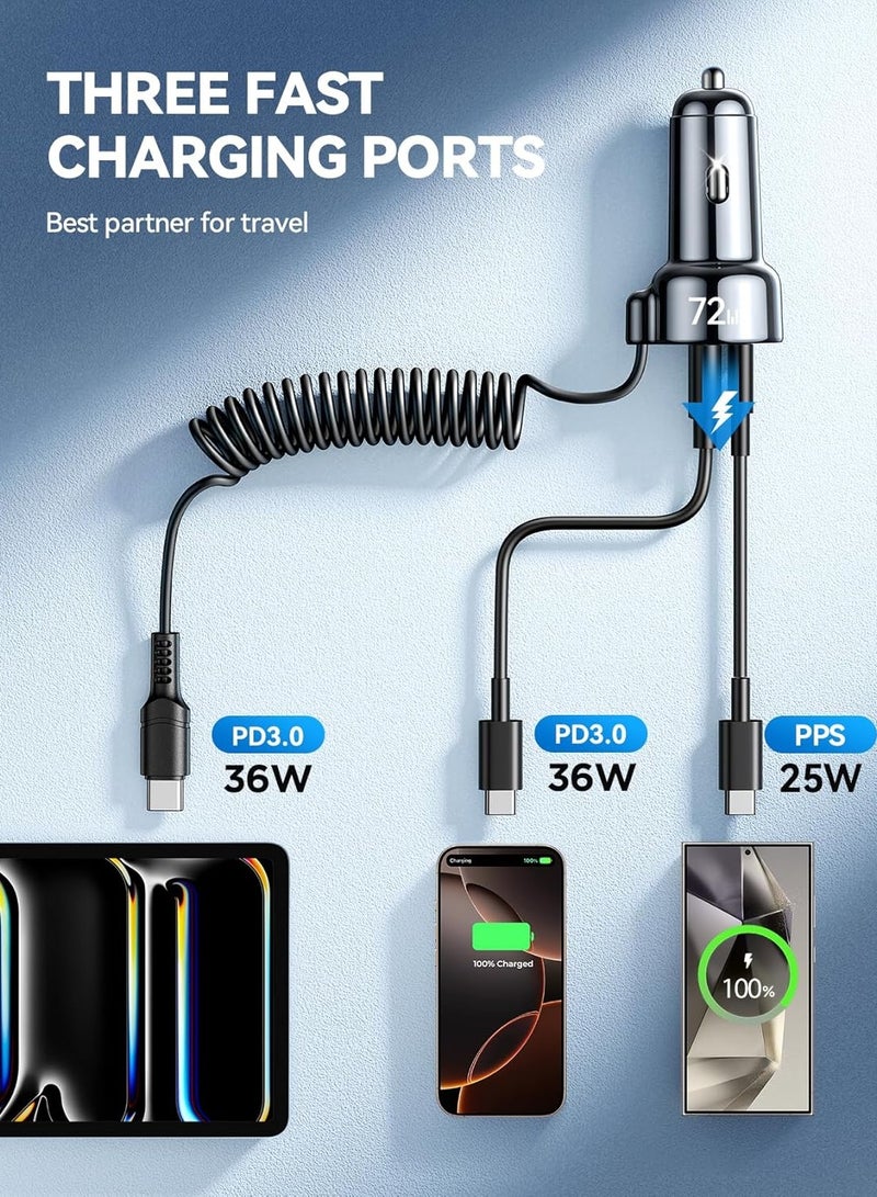 جوي روم شاحن سيارة USB C 72W لشاحن السيارة لجهاز iPhone 16 Pro Max Plus، PD و QC3.0 مع كابل Type C ملفوف بطول 5 أقدام 36W، محول شاحن هاتف سريع للسيارة لجهاز iPhone 15 Pro، Samsung Galaxy S24/S23/S22، Pixel/Moto/LG/Android، iPad - Image 3
