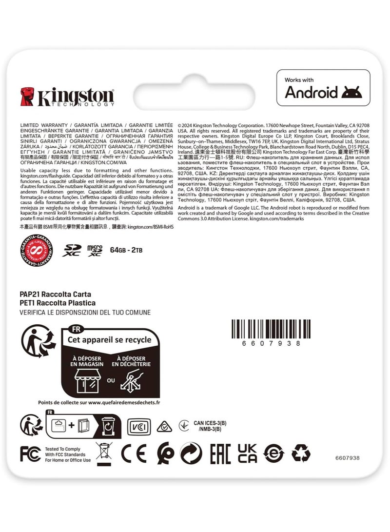 Kingston Canvas Go Plus microSDXC Memory Card Gen4 200MB/s A2 U3 V30 Single Package without ADP-SDCG4/128GBSP | 128 GB 