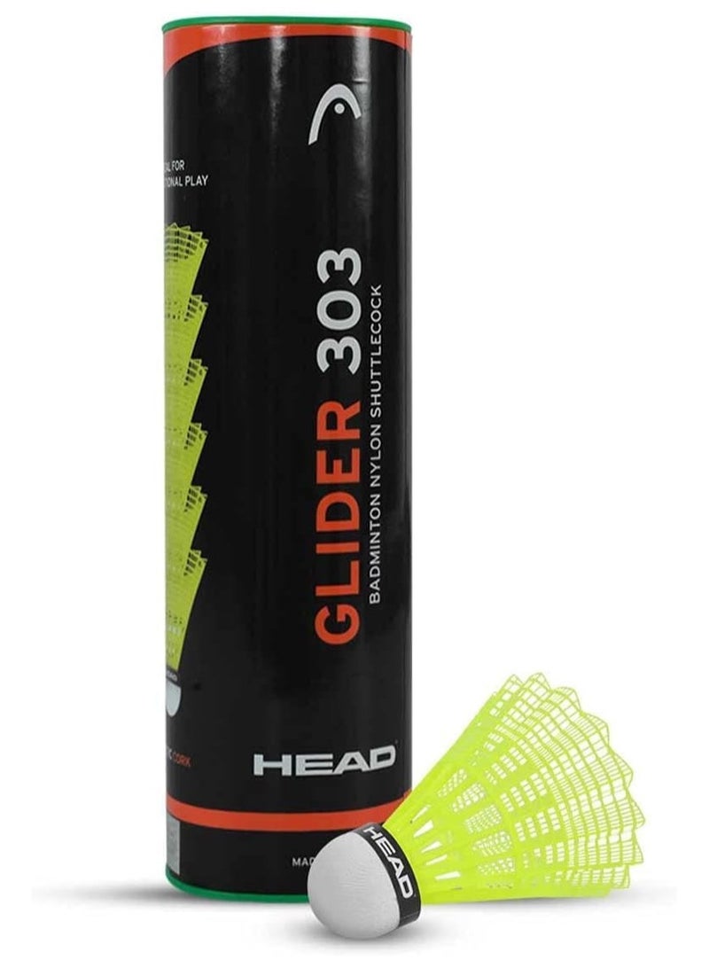 HEAD Glider 303 Nylon Shuttlecock with Natural Cork, Speed- Medium/Slow, Colour - Green, (Pack of 6)  - Image 1