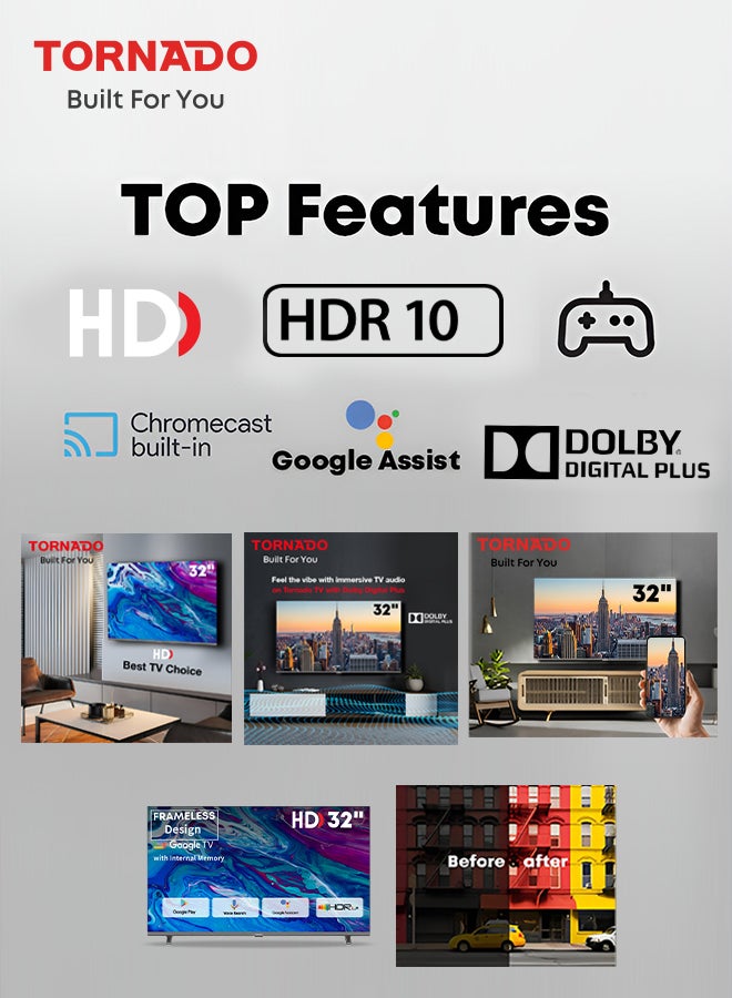 TORNADO TORNADO 32 Inch HD Google TV Smart, Built-in Receiver, Dolby Digital Plus, Game Mode, Chrome Cast Built-in 32EA3300X black - Image 5