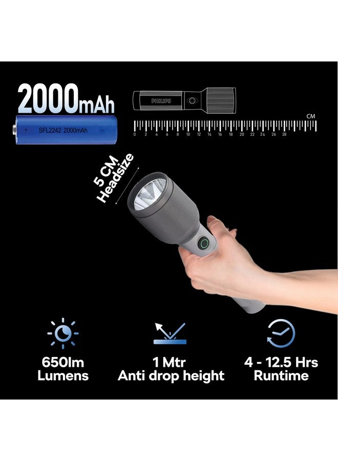 فيليبس 650 Lumens Aircraft Aluminium Alloy LED Rechargeable Flashlight  19.2 x 3.2 x 5 cm SFL2242/56 Grey and Black  - Image 3