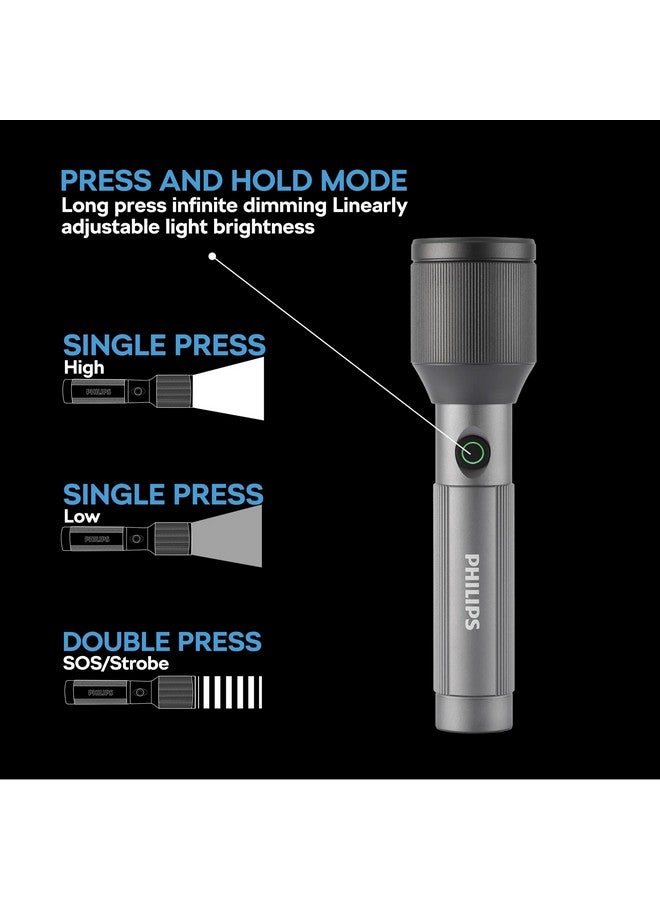 فيليبس 650 Lumens Aircraft Aluminium Alloy LED Rechargeable Flashlight  19.2 x 3.2 x 5 cm SFL2242/56 Grey and Black  - Image 5
