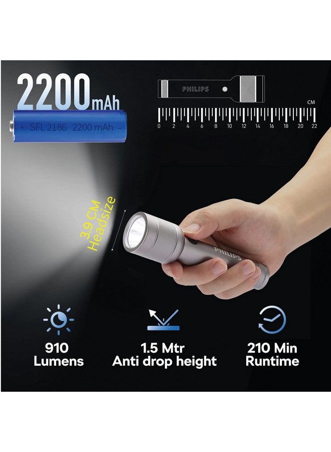 فيليبس 910 Lumens Aluminium Alloy Long Range LED Rechargeable Flashlight 15.1 x 2.5 x 3.8 cm SFL2186R/56 Grey  - Image 2