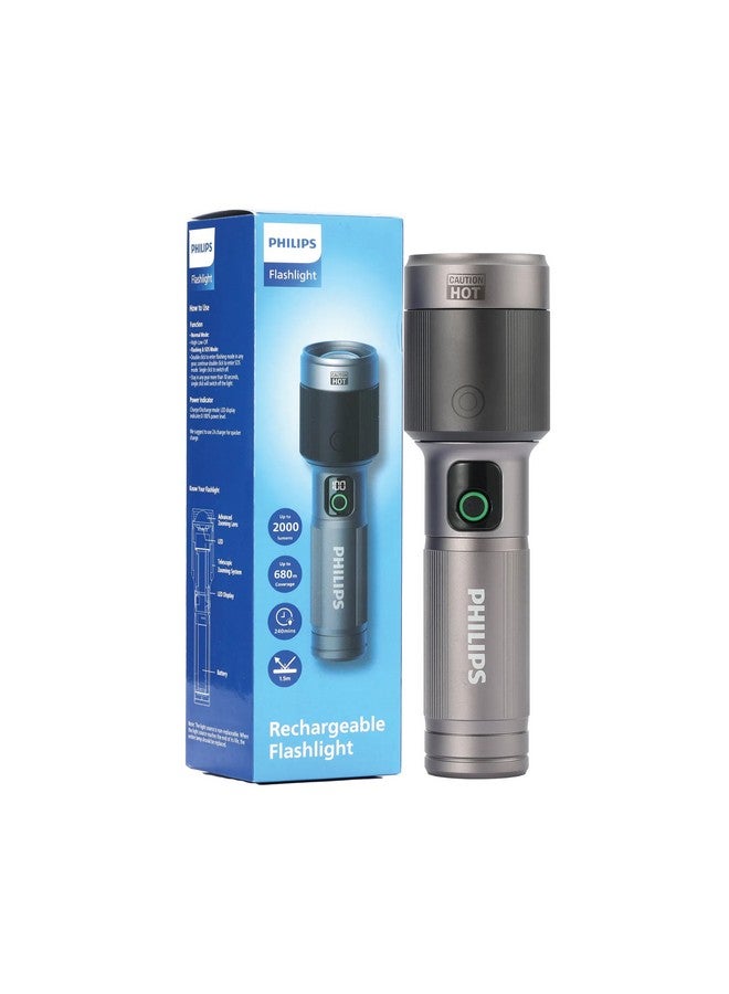 Philips 2000 Lumens Aircraft Aluminium Alloy Zoom LED Rechargeable Flashlight Grey and Black 21.3 x 4.4 x 6.05 cm SFL5101/56 - Image 2